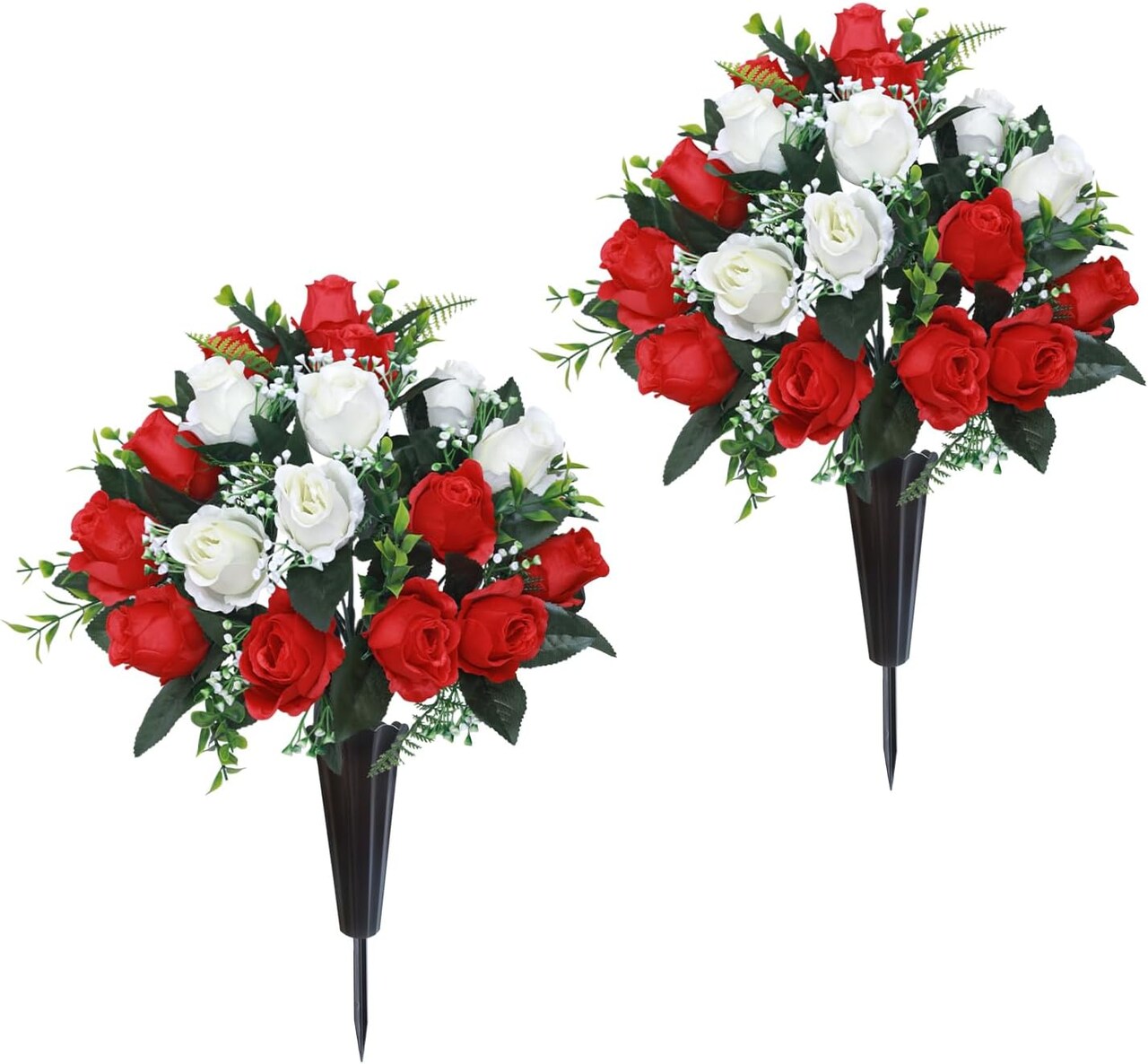 Artificial Cemetery & Memorial Flowers with Vase – Red & White Silk Rose Gravesite Bouquet, Outdoor Headstone Decoration, Long-Lasting Memorial Arrangement (2 Sets)